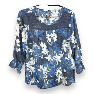 MEDIUM RETROLOGY BLUE FLORAL LACE BLOUSE 3/4 SLEEVE PEASANT BOHO